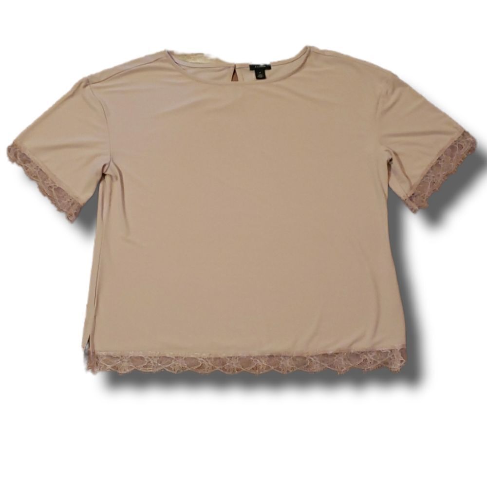 Halogen Womens Tan Lace Trim Short Sleeve Blouse XL Beige Keyhole Back Crepe Top